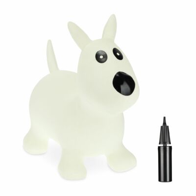 Fehér színű ugráló játék kutya pumpával szettben