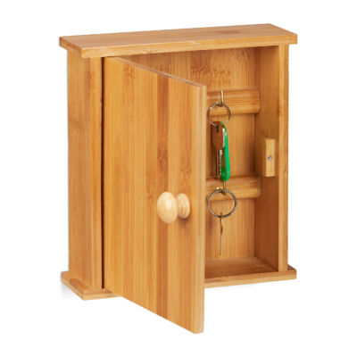 Bambuszból készült kisméretű kulcstartó szekrény fali kivitelben nyitható ajtóval