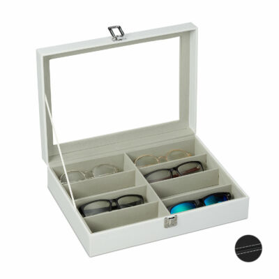 Egyszintes fehér színű szemüvegtartó dobozka kinyitott állapotban napszemüvegekkel