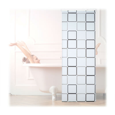 Négyzet mintás 80 x 240 cm méretű zuhanyroló rolós zuhanyfüggöny leengedve