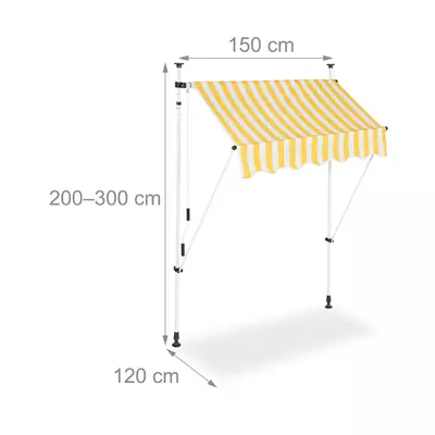 150 x 120 cm méretű feltekerhető napellenző erkélyre sárga-fehér csíkos ponyvával méretezve