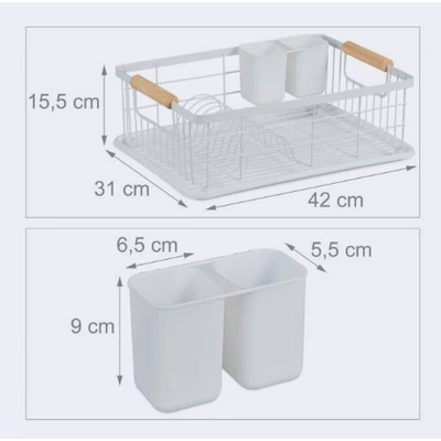 Biklan edényszárító méretezett fotója külön evőeszköz szárítóval szintén méretezve