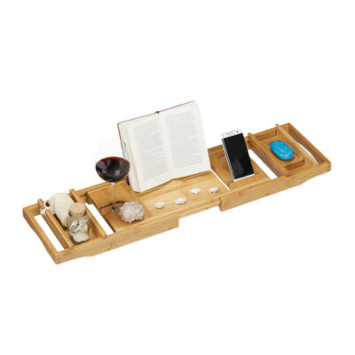 Lojn szétnyitható bambusz fürdőkádra helyezhető tálca natr színben könyv és telefontartóval
