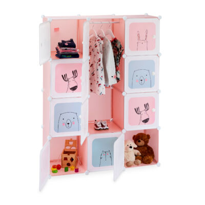 Zoo 12 rekeszes mobil gyermek gardrób szekrény rózsaszín-fehér színben akasztós rekesszel