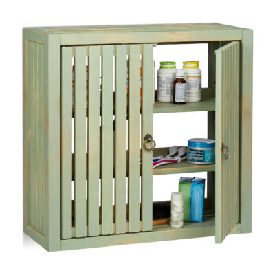 Vini zöld színű bambusz fürdőszoba szekrény két darab nyitható ajtóval és 3 polccal