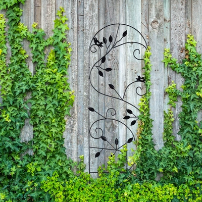 Bird rózsafuttató és virágfuttató rács szürke kerítés előtt elhelyezve a kertben
