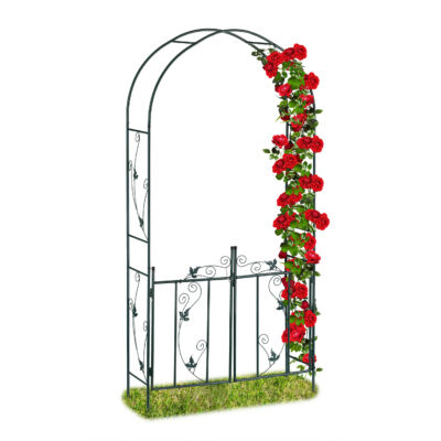 Blatt rózalugas kapu piros színű rózsákkal felfuttatva