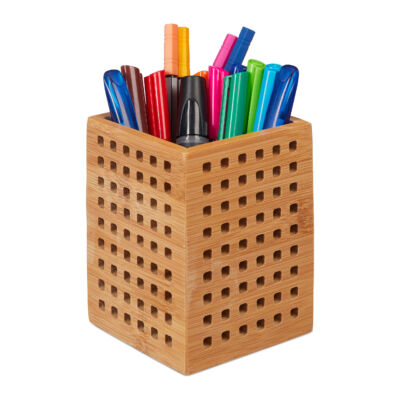 Rar bambusz négyzet alakú asztali tolltartó színes tollakkal