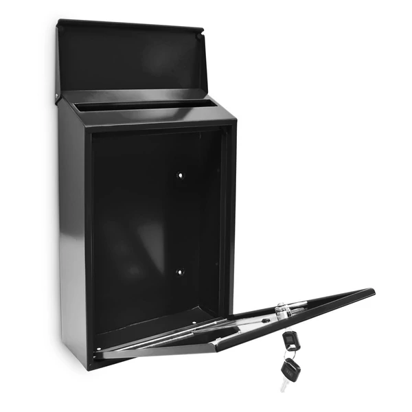 Jane fekete színű acél postaláda kinyitott állapotban
