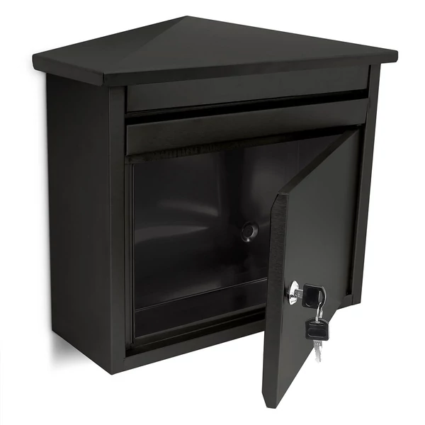 fekete kültéri kerítésre rögzíthető postaláda elől nyitható ajtóval