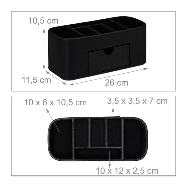 Lagon fekete színű műbőrrel bevont íróasztal rendszerező fentről és szemből méretekkel