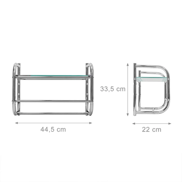 Hanga üveglapos fém fürdőszoba polc és törölközőtartó méretekkel üresen