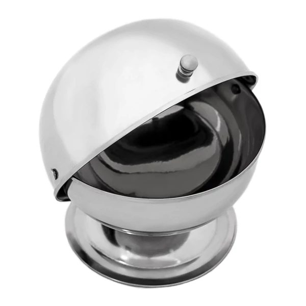 Cukortartó gömb acélból félig lehajtott fedéllel üresen