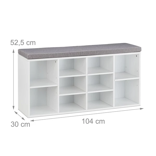 Fehér színű MDF cipőtároló üresen szürke színű textil párnával a tetején külső méretekkel