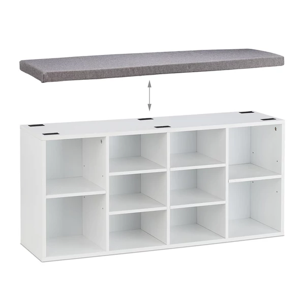 Mark fehér színű MDF cipőtároló és pad levehető szürke színű textil párnával 