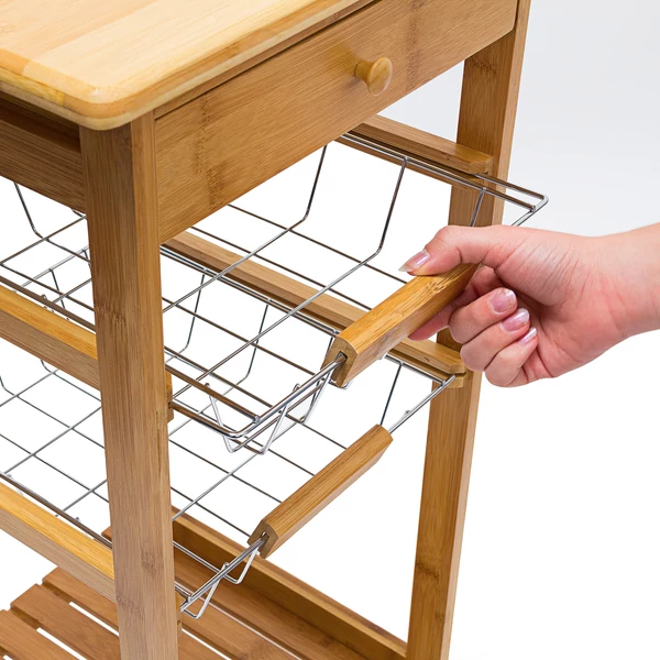 Kihúzható fiókos kis méretű zsúrkocsi és tálaló kocsi acél kosarakkal