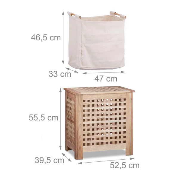 Kivehető és mosható pamut szennyeszsák és maga a diófa szennyestartó külső méreteikkel 