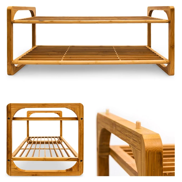 Bang bambusz kétszintes cipőtartó állvány három különböző szögből fotózva