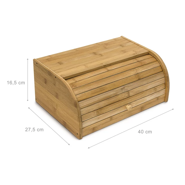 Normál méretű bambusz kenyértartó zárt állapotban külső méretekkel