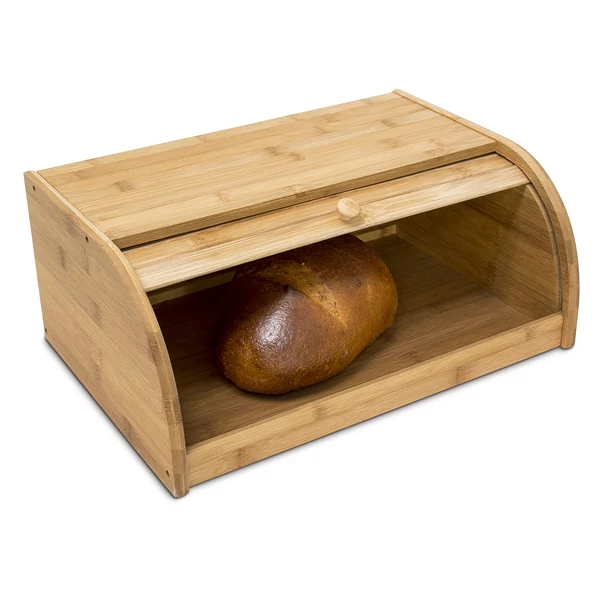 Bambuszból készült kenyértartó lehajtható fedéllel egy félbarna kenyérrel a belsejében