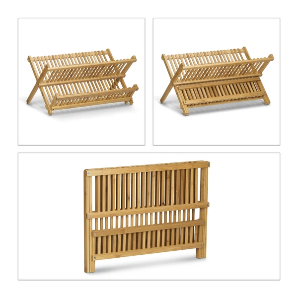 Nagyméretű bambuszból készült edényszárító összecsukható kivitelben nyitott és zárt állapotban