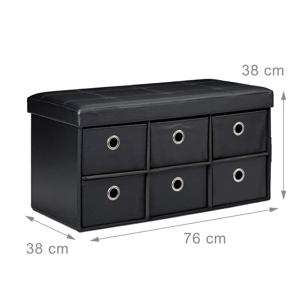 Nadja tárolós fekete színű műbőr puff 6 darab fiókkal a belsejében