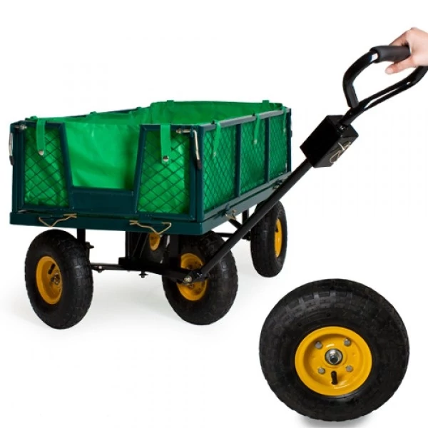 traktorozható kézikocsi felfújható gumis acélkerekekkel és hosszú húzókarral 