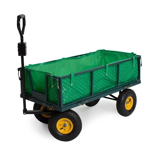 250kg-os teherbírású kézikocsi és szállítókocsi zöld színben felfújható kerekekkel és belső ponyvával
