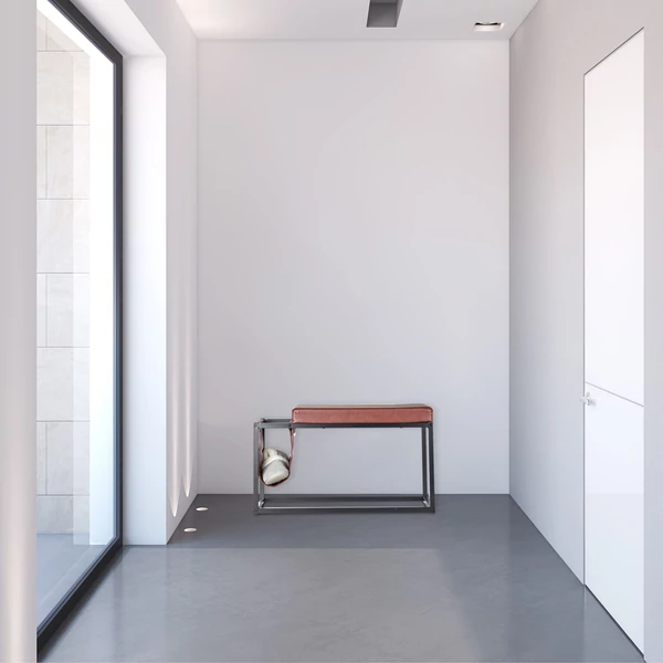 Előszob végében elhelyezett loft stílus fekete és sötétbordó színkombinációjú beltéri ülőpad