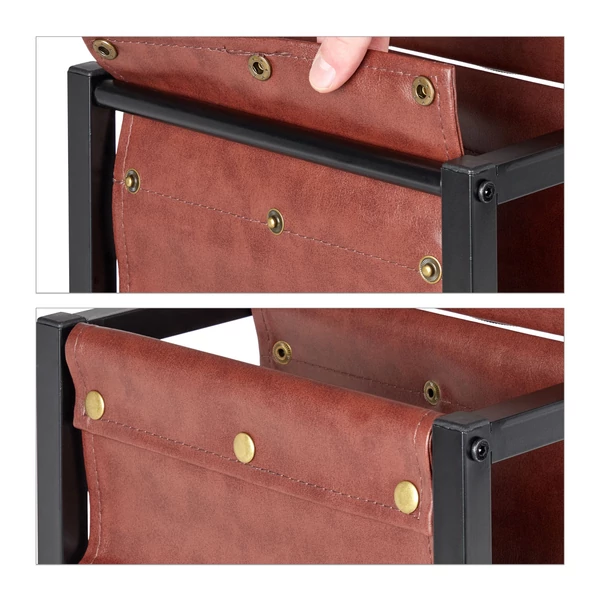 Patentokkal rögzíthető újság esernyő és cipőkanál tárolására alkalmas műbőr rekesz egy beltéri pad bal oldalán