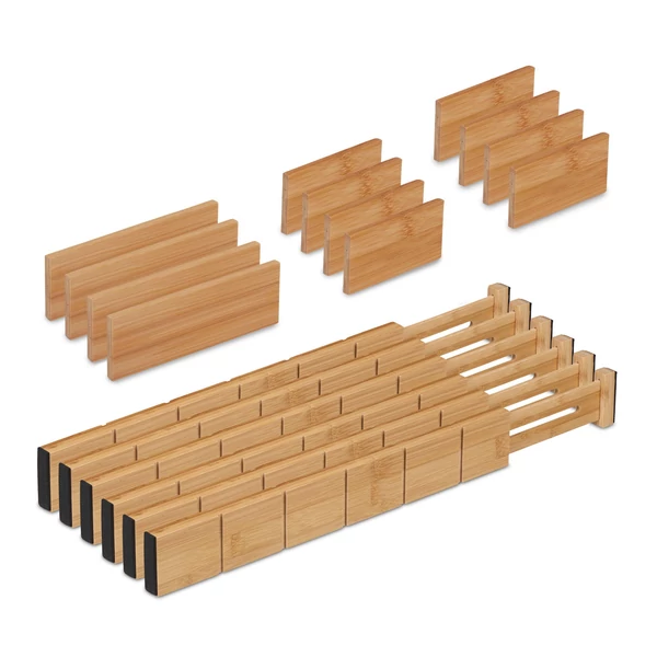 18 darabos fiókelválasztó és rendszerező fiókbetét készlet bambuszból