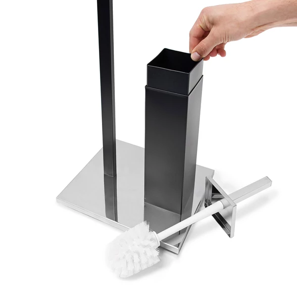 Acélból készült fekete színű wc kefe tartó álló kivitel szétszedett tartállyal