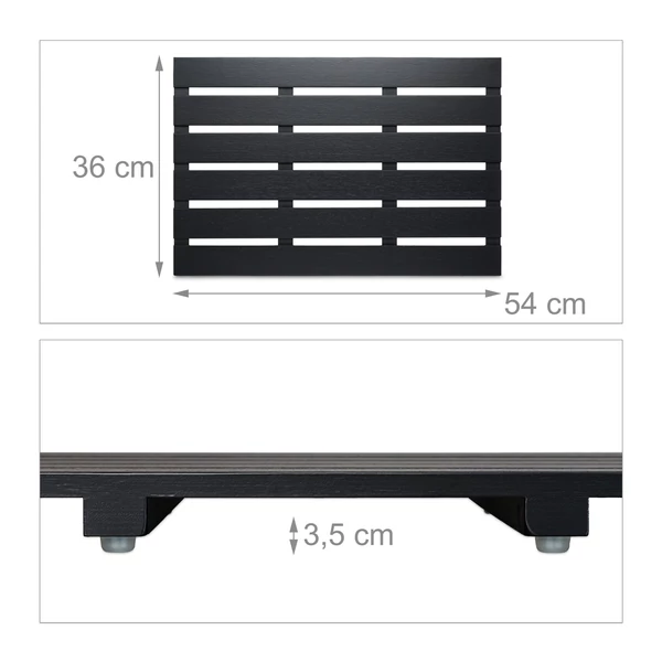 Longa fekete színű bambusz kádkilépő és fürdőszoba szőnyeg felülről és oldalról méretekkel
