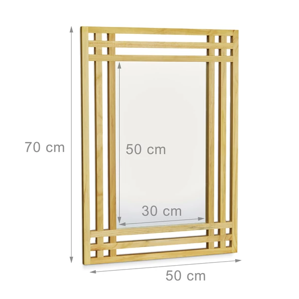 Fenyőfa kerettel szerelt falra szerelhető tükör méretezve fehér háttéren