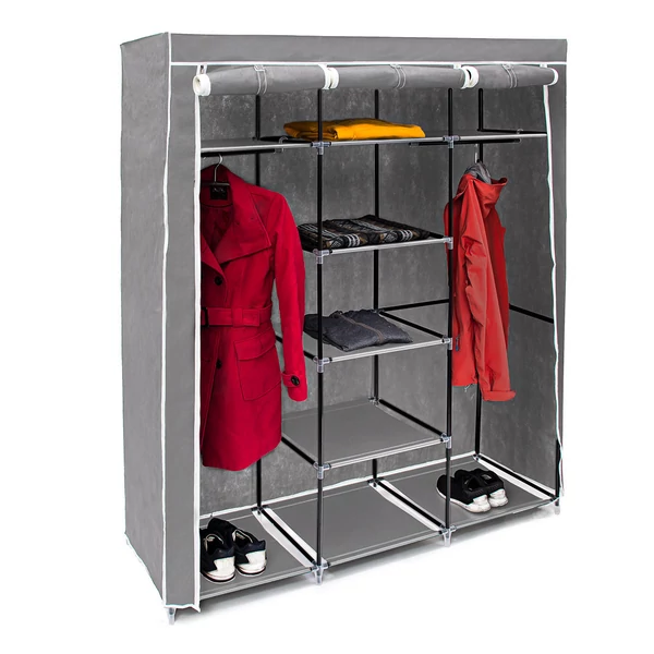 szürke színű nagyméretű mobilgardrób akasztós és polcos mobil ruhásszekrény 