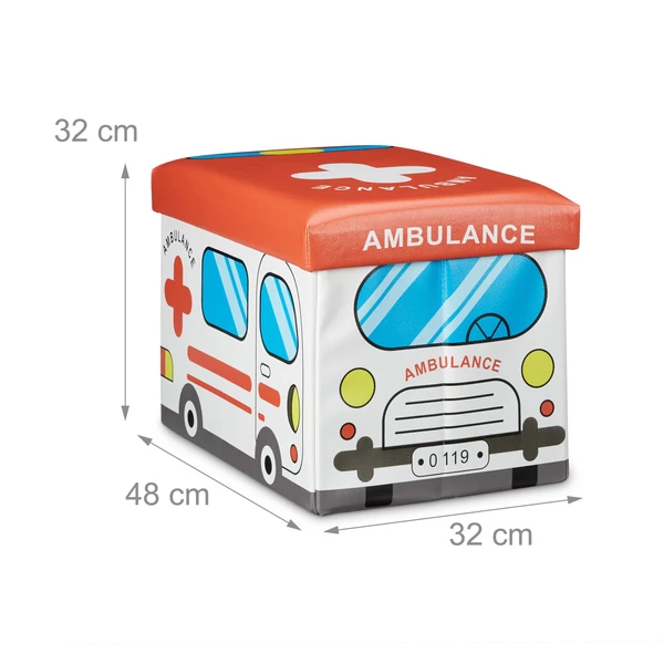 Mentőautó mintás egyszemélyes gyerekszobai puff belső tárolórésszel méretekkel