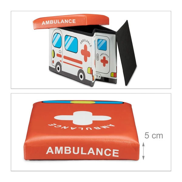 Teljesen összecsukható helytakarékos mentőautó mintás gyerekszobai puff és ülőke félig összehajtva