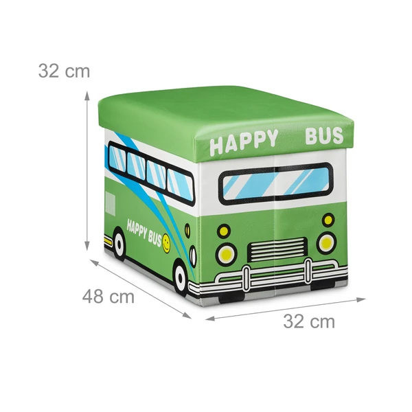Zöld autóbusz mintás gyerekszobai puff használatra készen külső méretekkel