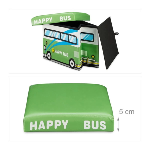 Összecsukható és kinyitható gyerekszobai zöld autóbusz mintás puff félig összehajtva 