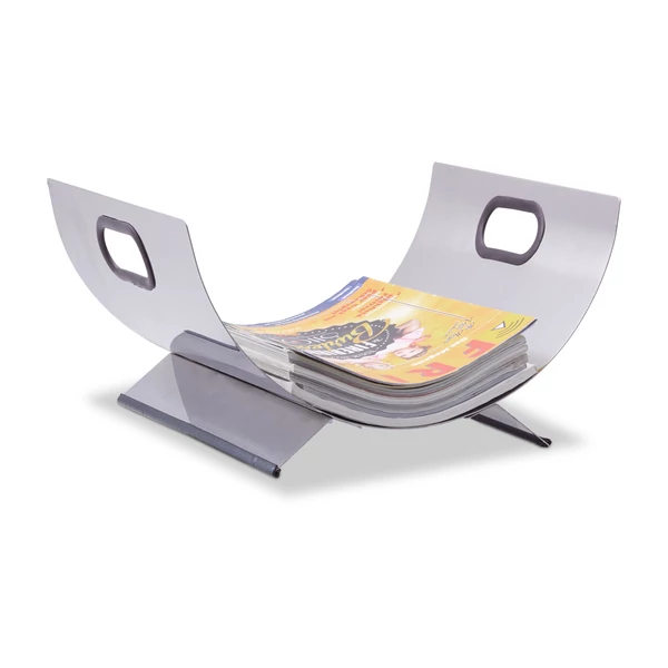 Teljesen rozsdamentes acélból készült tüzifa tartó állvány újságtartóként használva