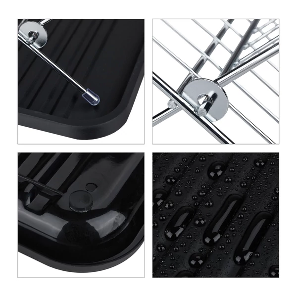 Kasp rozsdamentes acél összehajtható edényszárítóról és konyhai csepegtetőről készült négy darab közeli részletkép