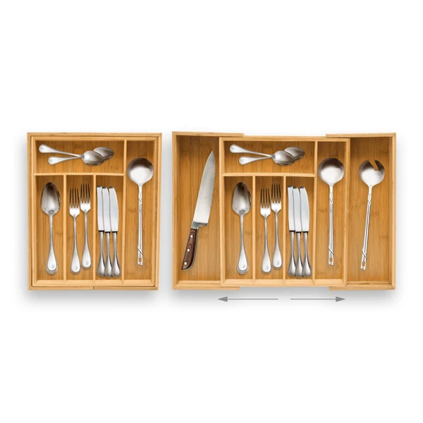 5 és 7 fakkosra kinyitott és összezárt katrin bambusz evőeszköztartó felülről