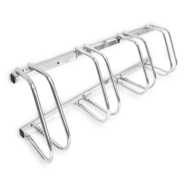 rozsdamentes kerékpártároló négy bicikli részére elegendő hellyel falra rögzítve