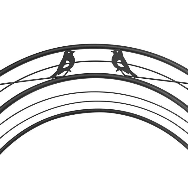 Két darab kovácsoltvas jellegű madárka díszítés egy fekete színű kerti rózsafuttató keret tetején