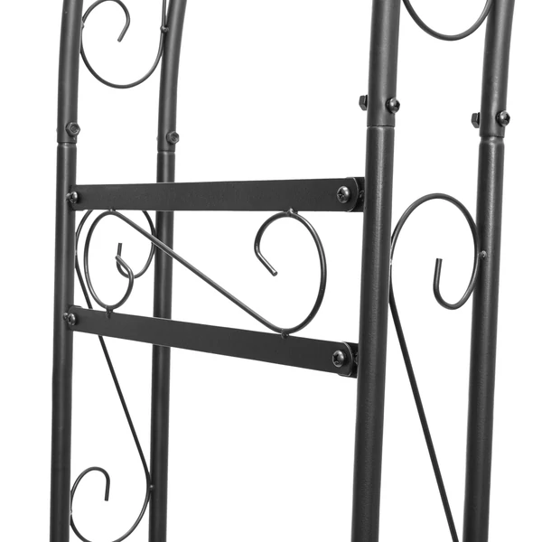 Kovácsoltvas stílusú acél vázszerkezete egy fekete színű növényfuttató ívnek