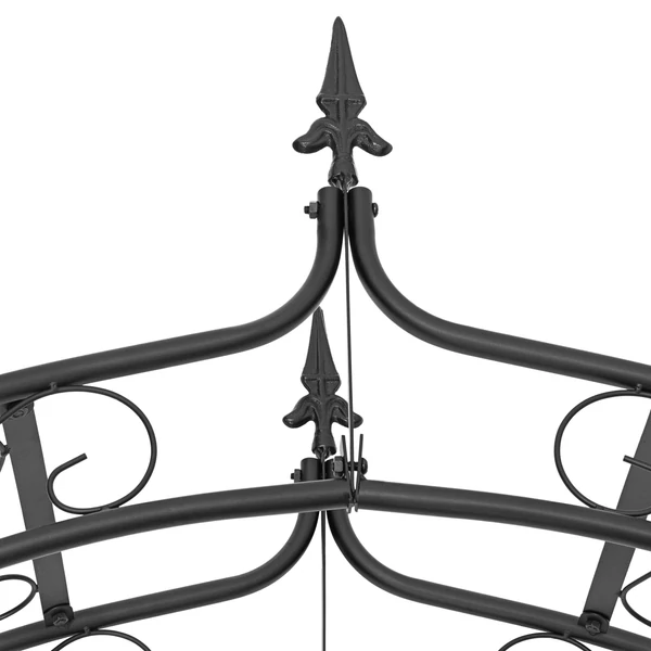 Fekete színű porszórt acél rózsafuttató keret csúcsdísze közelről