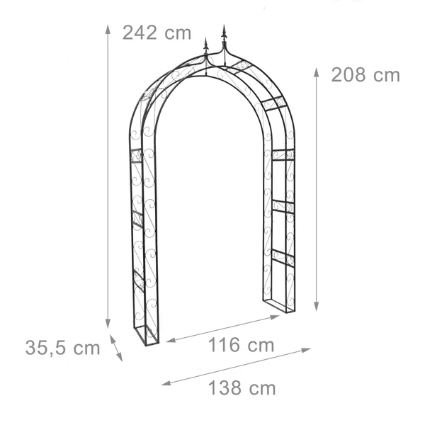 Nagyméretű rózsafuttató ív és növényfuttató keret kovácsoltvas stílusú díszítéssel külső méretekkel