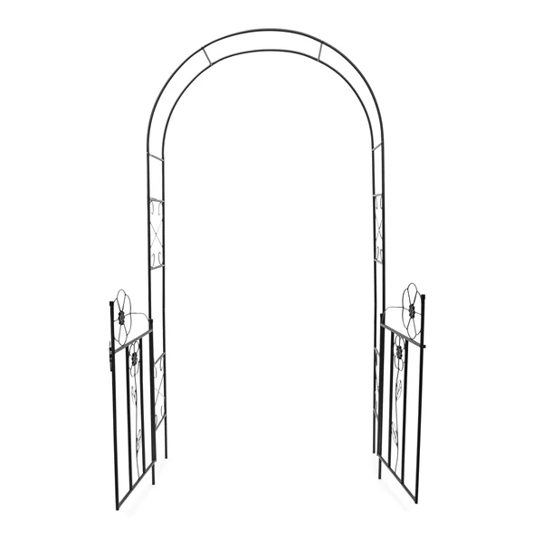 Fekete színű porszórt acél rózsafuttató pergola nyitott ajtókkal