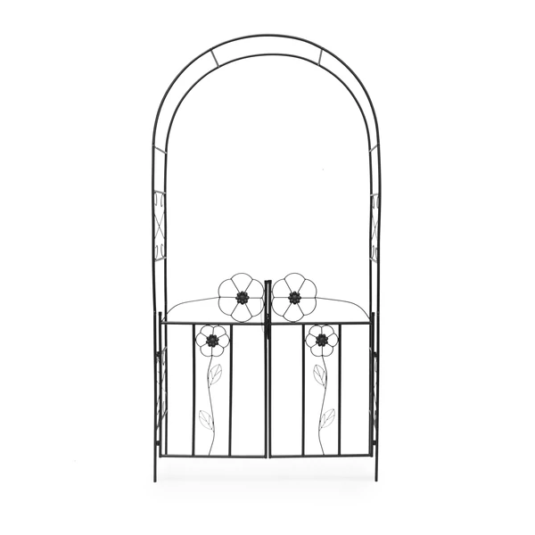 Fekete rózsalugas nyitható kapukkal virágmintás díszítéssel szembő