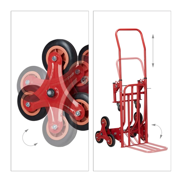 Lépcsőztethető piros színű felhajtható rakodófelületű molnárkocsi